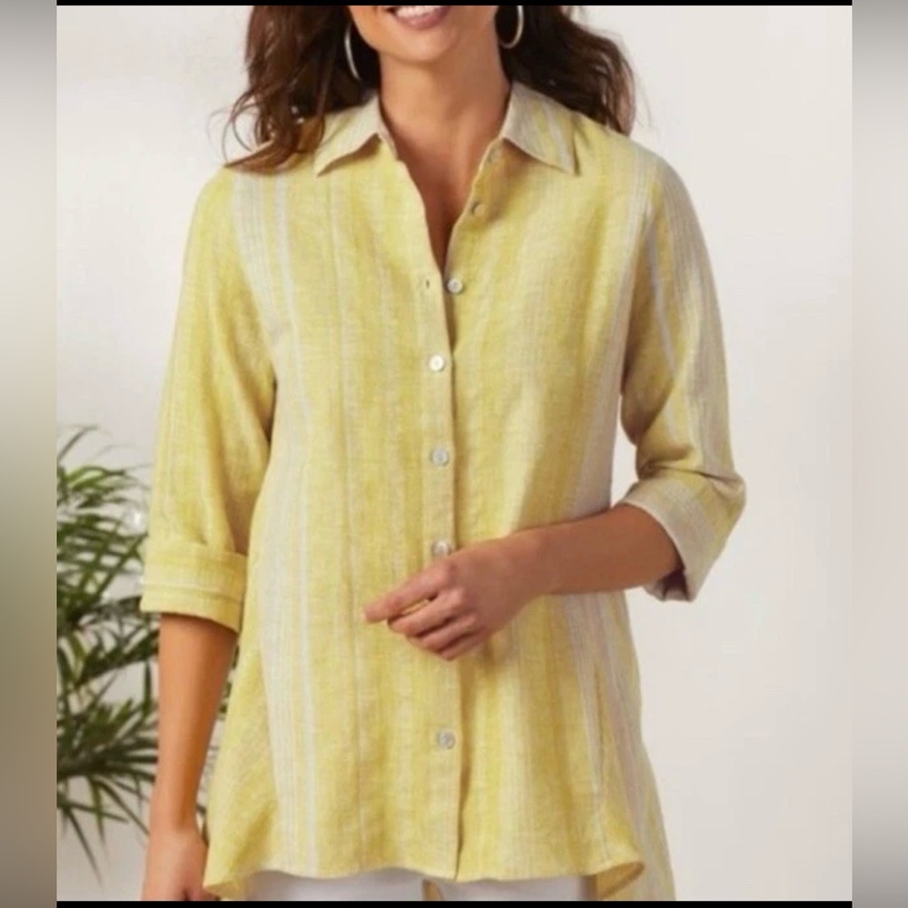 Soft Surroundings Livienne Linen Buttn down yellow striped blouse Medium Petite